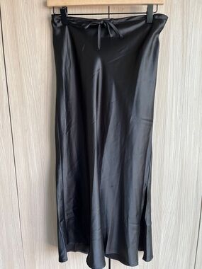 Dress Forum Black Satin Midi Slip Skirt with Side Slit